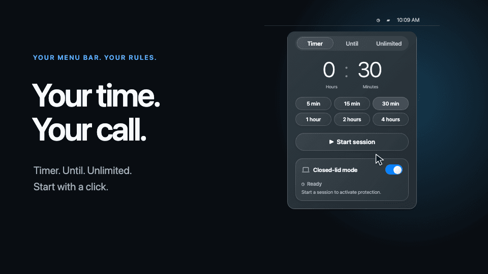Untiring illustration showing Timer, Until, and Unlimited session controls